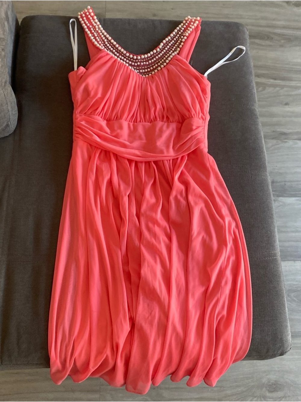 Women's Coral Beaded Neckline Cocktail Dress